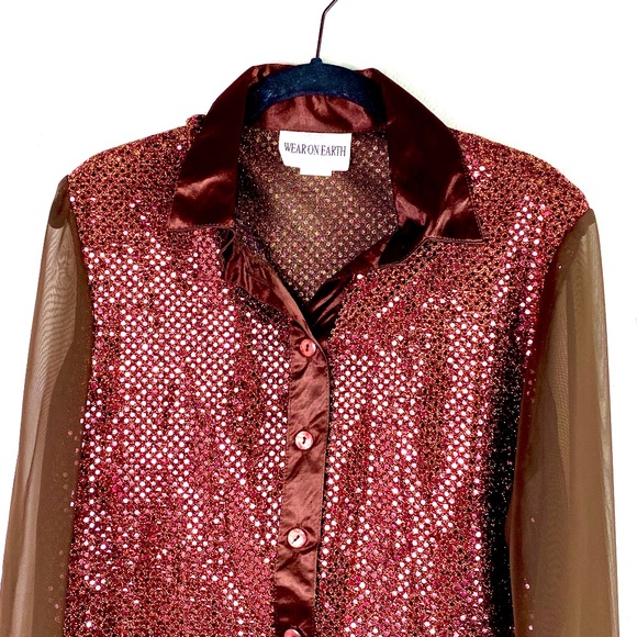 VINTAGE Wear On Earth Shiny Sheer Button Down Top - Picture 2 of 5